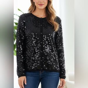 Anne Klein Black Sequin Button-Up Sweater size M